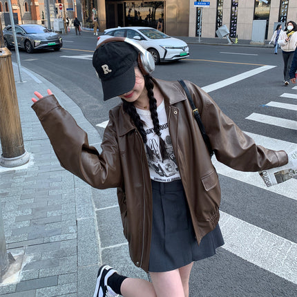 Brown Leather Jacket for Women 2025 Spring & Fall New Style Small Hong Kong Style Retro High-End Jacket Maillard Motorcycle