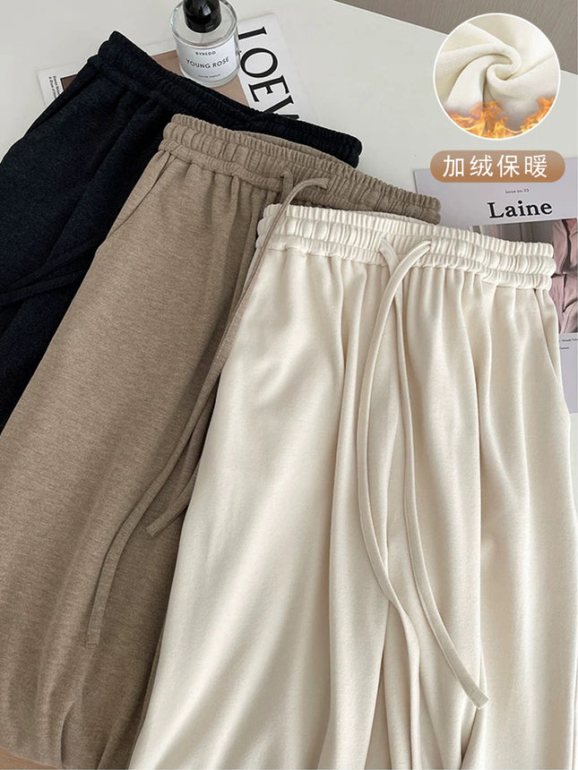 High Waist Dagging Wide Leg Pants Women's Spring Autumn and Winter creamy-white Shaking Glutinous Rice Pants fleece-lined Casual Lazy Long Pants