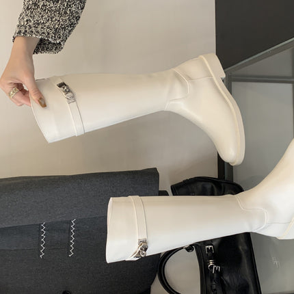 Cowhide Long Boots for Women, Knight Boots with Buckle, British Style, Chunky Heel, Thick Sole, Genuine Leather High Boots