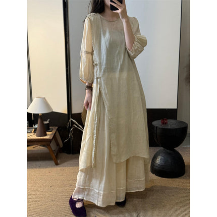 Summer New Style Quality Ramie Handmade Buckle Lace Lace Guofeng dress Double-Layer Skirt suit
