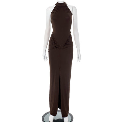 Sanhu Lianjiang Q25Ds104 European and American Women's Pure Color Sleeveless Halterneck Tight-Fitting Hip-Shrinking Pleated Slit Long Dress