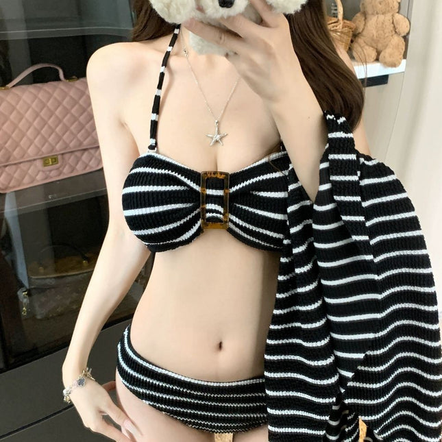 Source Manufacturer's Same Style Black Striped Sexy Tube Top Bikini Three-Piece Swimsuit for Hot Spring Vacation Summer