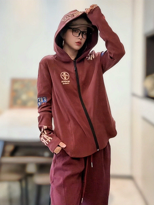 Thickened American-Style Cardigan European-Style Hooded Top 2025 Autumn New Women's Curved Hem Letter Print Trendy Brand Women's Clothing