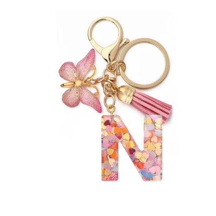 1 Px Pink Heart Sequins Resin English Letter Key Chain Pendant Butterfly Tassel Accessories Key Hanging