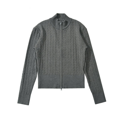 Foreign Trade 2026 Spring European and American Fashion Slim-Fit American Retro Stand-Up Collar Double Zipper Cable Knit Sweater for Women U23168