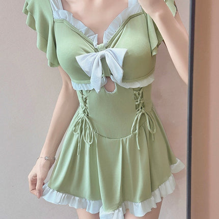 Swimsuit for Women 2025 New Sweet Bow One-Piece Skirt Style Conservative Slimming Look Belly-Covering Vacation Swimsuit Student Hot Spring