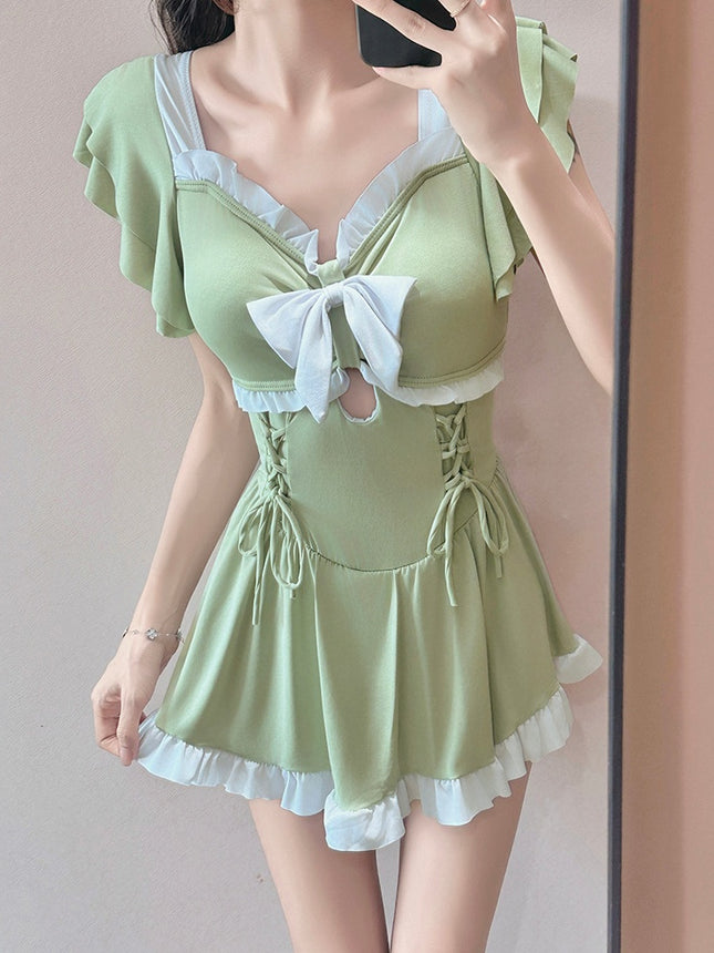 Swimsuit for Women 2025 New Sweet Bow One-Piece Skirt Style Conservative Slimming Look Belly-Covering Vacation Swimsuit Student Hot Spring