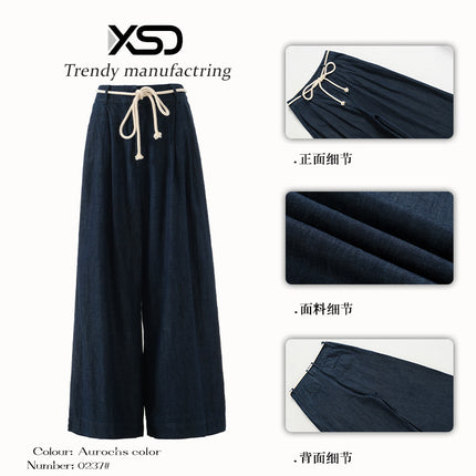 Bumi House Retro Original Cow Color with Drawstring Hot Girl Style Retro Drooping Sense Straight Tube Loose Double Pleated Wide Leg Jeans for Women