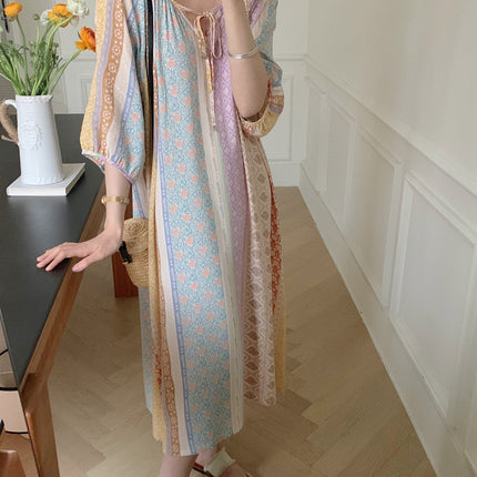 2026 New Cotton Silk Nightgown for Women, High-End Printed Short-Sleeved Long Dress, Large Size, Thin Style, Can Be Worn Outside as Loungewear