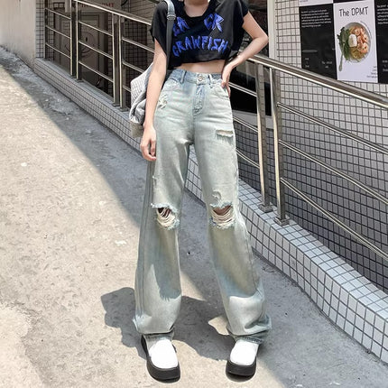 2024 New High Waist Slimming Straight Ripped Jeans Women's Summer Thin plus size Small Wide Leg Trendy Pants
