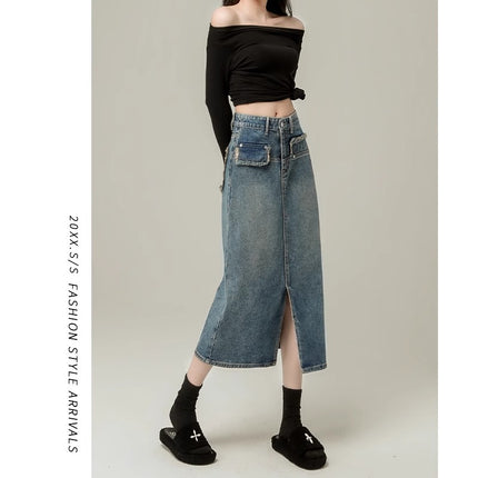 High Waist Denim Skirt Women's Summer New 2024 All-match A- word Mid-length High-end Hip Skirt for Children