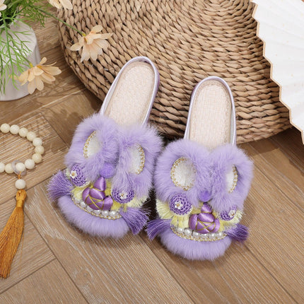 Tiger Head Shoes Women's Adult Spring and Summer Soft Sole Home Outfit Retro Purple Baotou Half Slippers Intangible Handmade Embroidered Shoes
