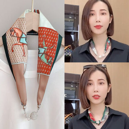 2026 New Magnetic Buckle Small Silk Scarf with Geometric Patterns and Rhinestones, Magnetic Necklace Scarf, Women's Hairband Scarf