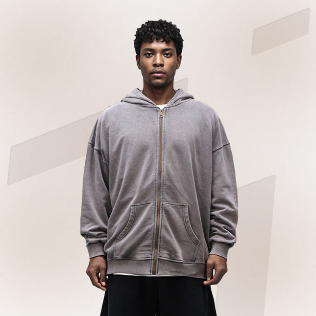 350g Distressed Zipper Hoodie for Men, Oversized Drop Shoulder Vintage Washed Heavy Terry Cardigan Jacket, Heavyweight Men's Clothing