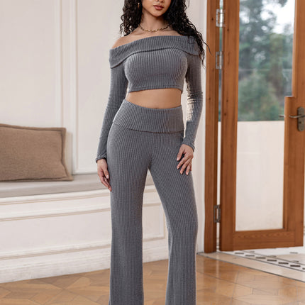 Cross-Border 2-Piece Set for Women, Solid Color Off-Shoulder Long-Sleeve Crop Top and Flared Pants Fashion Set, Spring and Autumn