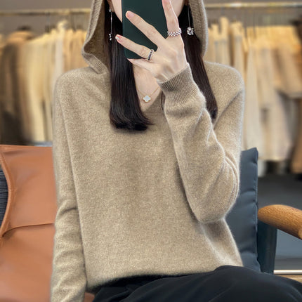 First-Line Garments 100 Pure Wool 2025 Spring New Women's V-Neck Hooded Sweater Pullover Short Needle Sweater