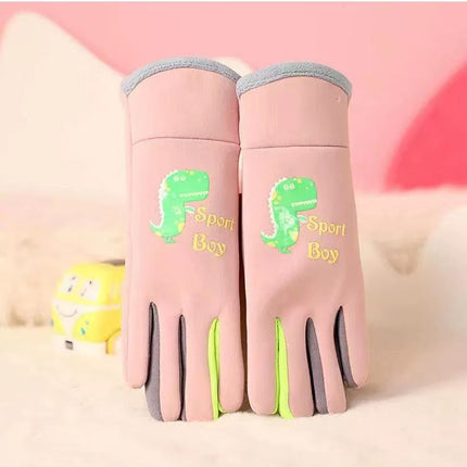 Ollie Velvet Children's Little Dinosaur Warm Non-Slip Five-Finger Outdoor Sports Cold-Proof Gloves for Baby Winter Adventure