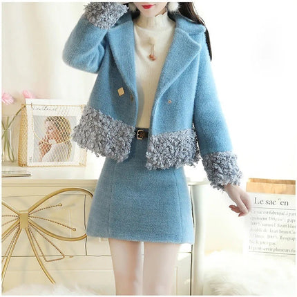 Winter New Wool suit Women's Thickened Lambskin Coat Fashion Skirt suit Skirt Elegant Two-piece Set