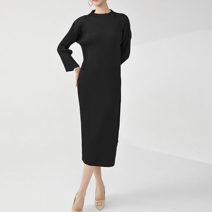 Early Autumn Women's Loose Long-sleeved All-match Fish-scale Pleated Miyake dress Western-style High-end Long Dress Elegant Base Dress