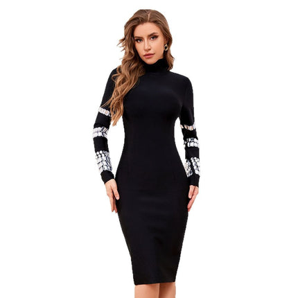 Cross-Border High-End Black Long-Sleeved Diamond Bandage Dress High Collar Hip-Covering Waist Sexy Office Women's Clothing Foreign Trade