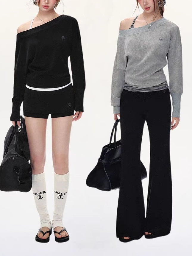 ANDYET Original Slant Shoulder Bat Sleeve Long-sleeved T-shirt Women's Fashion Sweatpants suit Lazy Elegant Two-piece Set