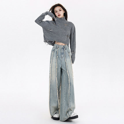 187 New 2025 Spring Jeans Women's Rust-edge Design Wide-leg Slightly-fit Straight Pants
