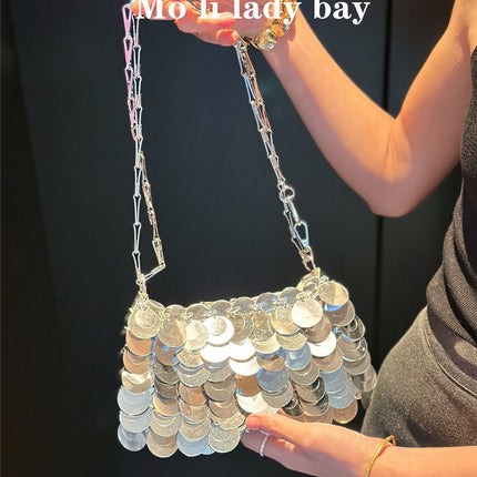 2025 New Silver Shiny Bag Hand-Woven Sequin Bag Mobile Phone Bag Long Shoulder Strap Single Shoulder Crossbody Bag for Women