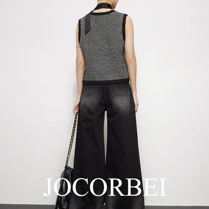 JOCORBEI [retro gradient washed black] high waist wide leg floor jeans women's large straight tube grandma pants