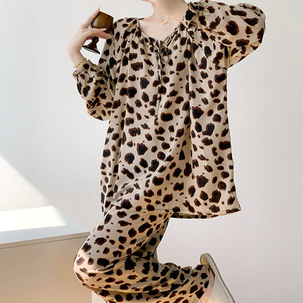 2025 New Leopard Print Cotton Silk Pajamas Women's Summer Thin Long-sleeved High-end Outwear Spring and Autumn plus size Home Clothes