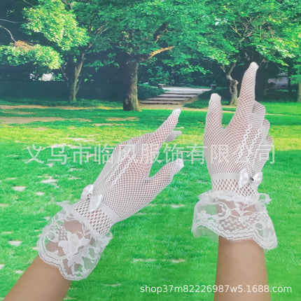 Full Finger Fishnet Eye Bride Wedding Dress Stage Women's Sexy Black Stretch Lace Lace Gloves Cheongsam Dancing Bow
