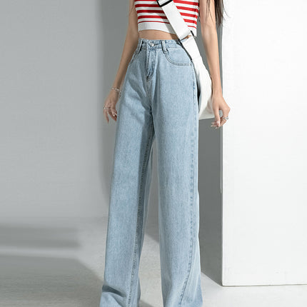 Smoke Gray Wide-Leg Jeans for Women 2024 Autum New Popular High-Waist Draped Straight-Leg Loose Floor-Length Pants