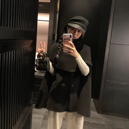 Handmade double-sided Cape coat 2024 new black wool mid-length elegant slimming coat women's clothing