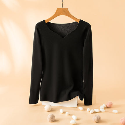 Warm top women's winter love neckline inner brushed fleece-lined thick loose all-match long sleeve seamless bottoming shirt