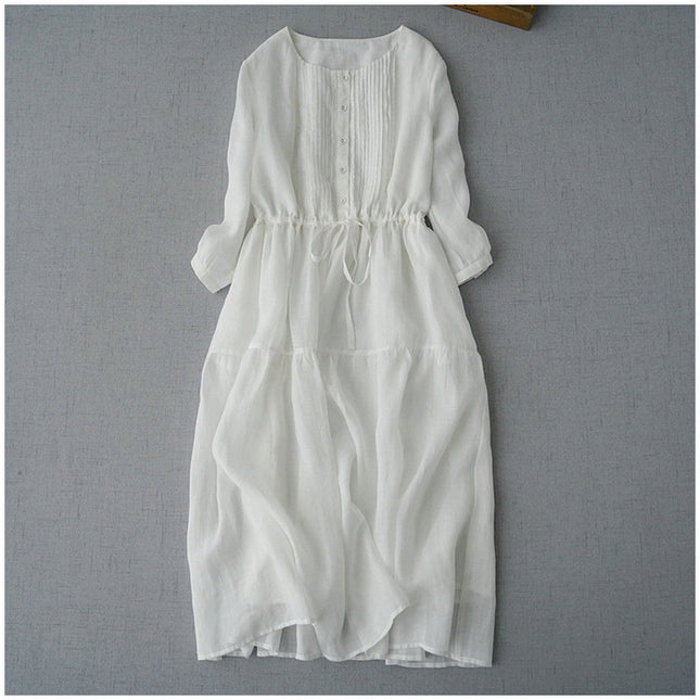 Drawstring dress Loose Artistic Slimming Mid-length Organ Pleated Blue Mori Base Skirt Elegant Fairy Skirt for Summer