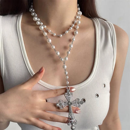 Multi-layer Stacked Cross Pearl Necklace Women's Clavicle Chain chocker Accessories Woolen Chain Long Exaggerated Jewelry