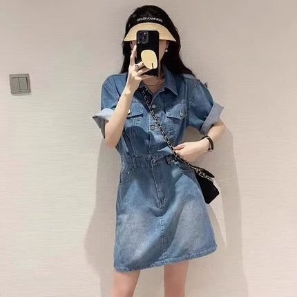Summer Denim Skirt Women's Retro Hong Kong-style Light Color European-made Short Skirt Age-reducing Thin Korean-style Waisted dress