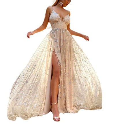 2025 Summer New European and American Amazon Suspender Waist Slit Shiny Floor-Length Long Skirt Dress for Women