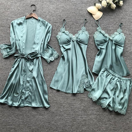 Wholesale New European and American Nightgown Black Home Clothes Four-Piece Set Fashionable and Comfortable Lace Pajamas Set Manufacturer