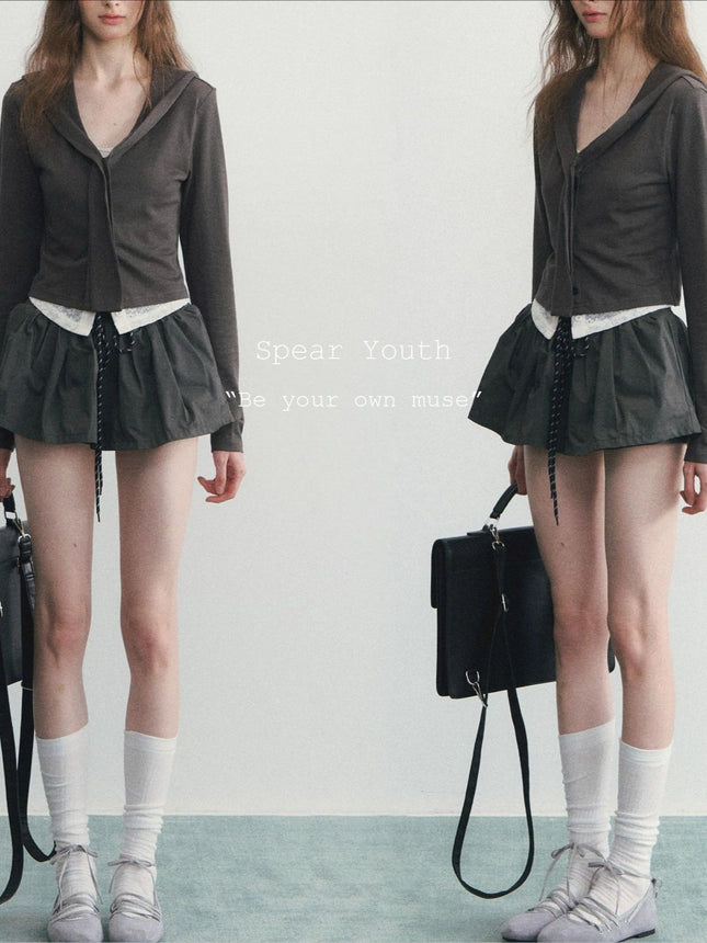 Spear Youh "You in the Lens" Faux Two-Piece Lace Jacket Slim-Fit Navy Collar Long-Sleeve Top