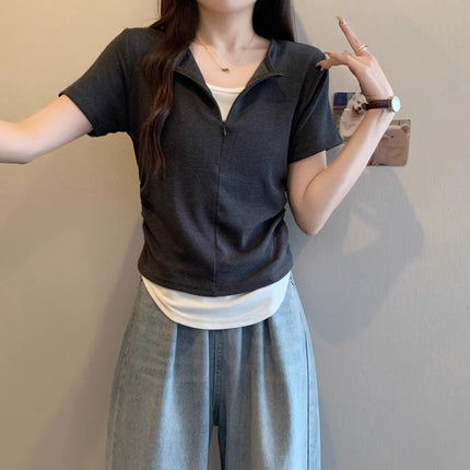 French Style Lace Stitching Design Sense Fake Two-piece Short Waist Tops Women's Summer Small Gray Short-sleeved T-shirt