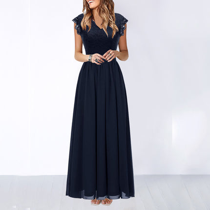 2022amazon summer sexy hollow V-neck large swing dress sleeveless lace stitching chiffon long dress