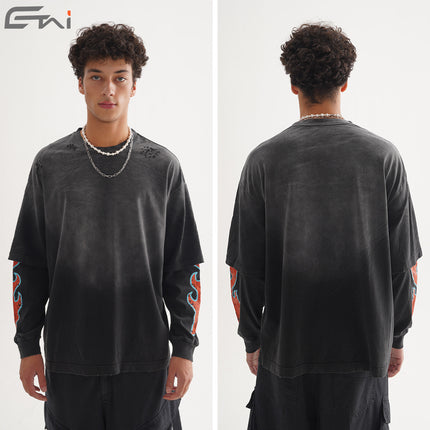 Spring and Autumn Men's Fake Two-Piece Pattern Printed Long-Sleeved Washed and Distressed Fashion Retro American Casual Heavy Top Inner Wear
