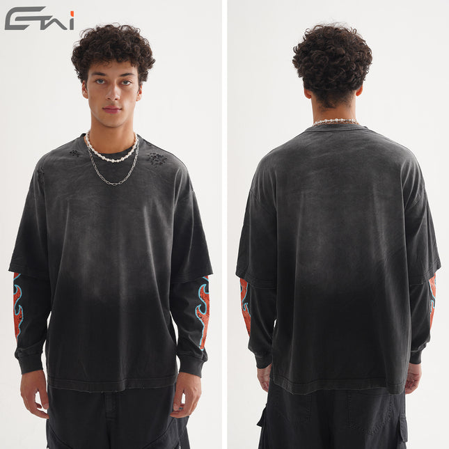 Spring and Autumn Men's Fake Two-Piece Pattern Printed Long-Sleeved Washed and Distressed Fashion Retro American Casual Heavy Top Inner Wear