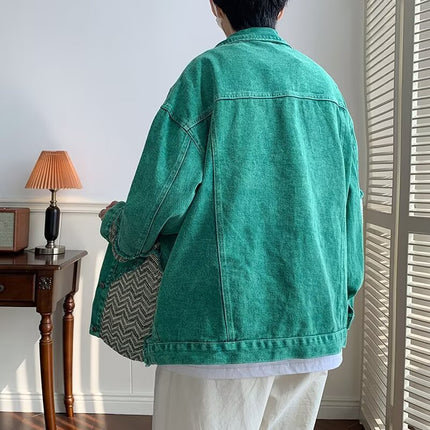 Green Denim Jacket Men's Autumn 2024 New American Style Patchwork Design Sense Niche Loose Jacket Top