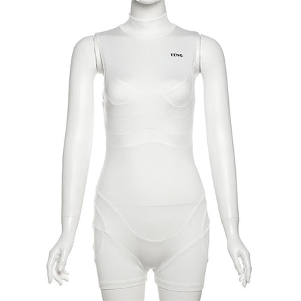 European and American Style Cross-Border Women's Clothing Solid Color Sleeveless Half-High Collar Shaping Slim-Fit Jumpsuit Hot Girl Short Tight-Fitting