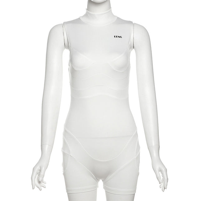 European and American Style Cross-Border Women's Clothing Solid Color Sleeveless Half-High Collar Shaping Slim-Fit Jumpsuit Hot Girl Short Tight-Fitting