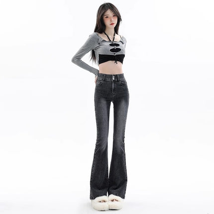 American-style Retro Smoke Gray Micro-lar Jeans Women's Trendy All-match New High Waist Slim-fit Horseshoe Flared Pants