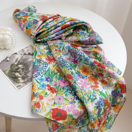 Autumn New Arrival Mulberry Silk Scarf for Women, Green Small Floral Shawl, Long Silk Scarf, Ready for Wholesale