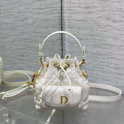 D's Caro Bucket Bag Micro Lambskin Fortune Bucket Rattan Pattern Soft Genuine Leather Women's Bag Fashionable Women's School Bag