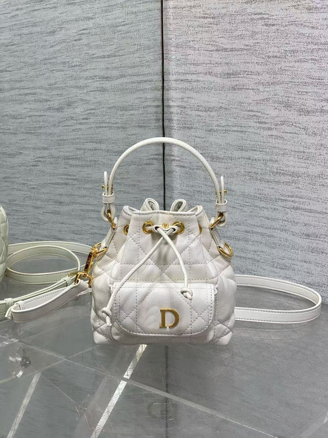 D's Caro Bucket Bag Micro Lambskin Fortune Bucket Rattan Pattern Soft Genuine Leather Women's Bag Fashionable Women's School Bag